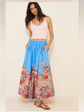 Anthropologie Maeve The Jacie Poplin Bright Blue Floral pull on circle skirt NWT